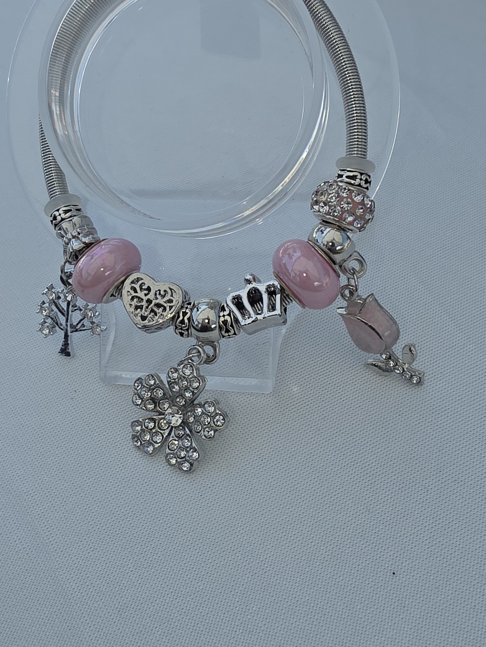 Handmade Silver Tone Pink Charm Bracelet with Crystal Accents